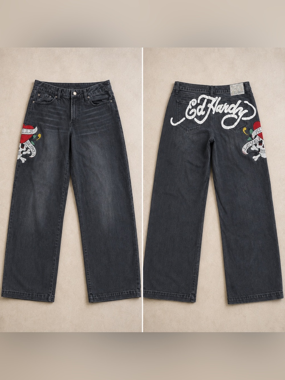 Y2K Vintage women’s Ed Hardy wide leg black denim jeans , size 10 waist 30